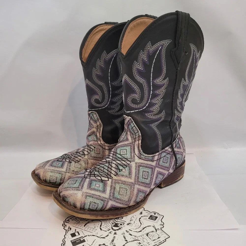 Roper Cowboy Boots Little Kids Size 1 Black Purple Glitter Geometric Square Toe